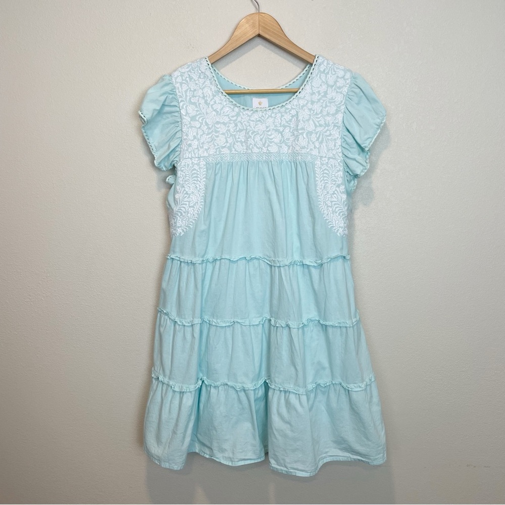 J. Marie Embroidered Ruffle Mini Dress Mint Blue Green Size Medium